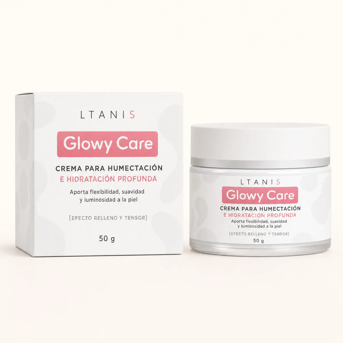 Envase y caja de Glowy Care crema 50 g, presentación completa que se recibe en el despacho