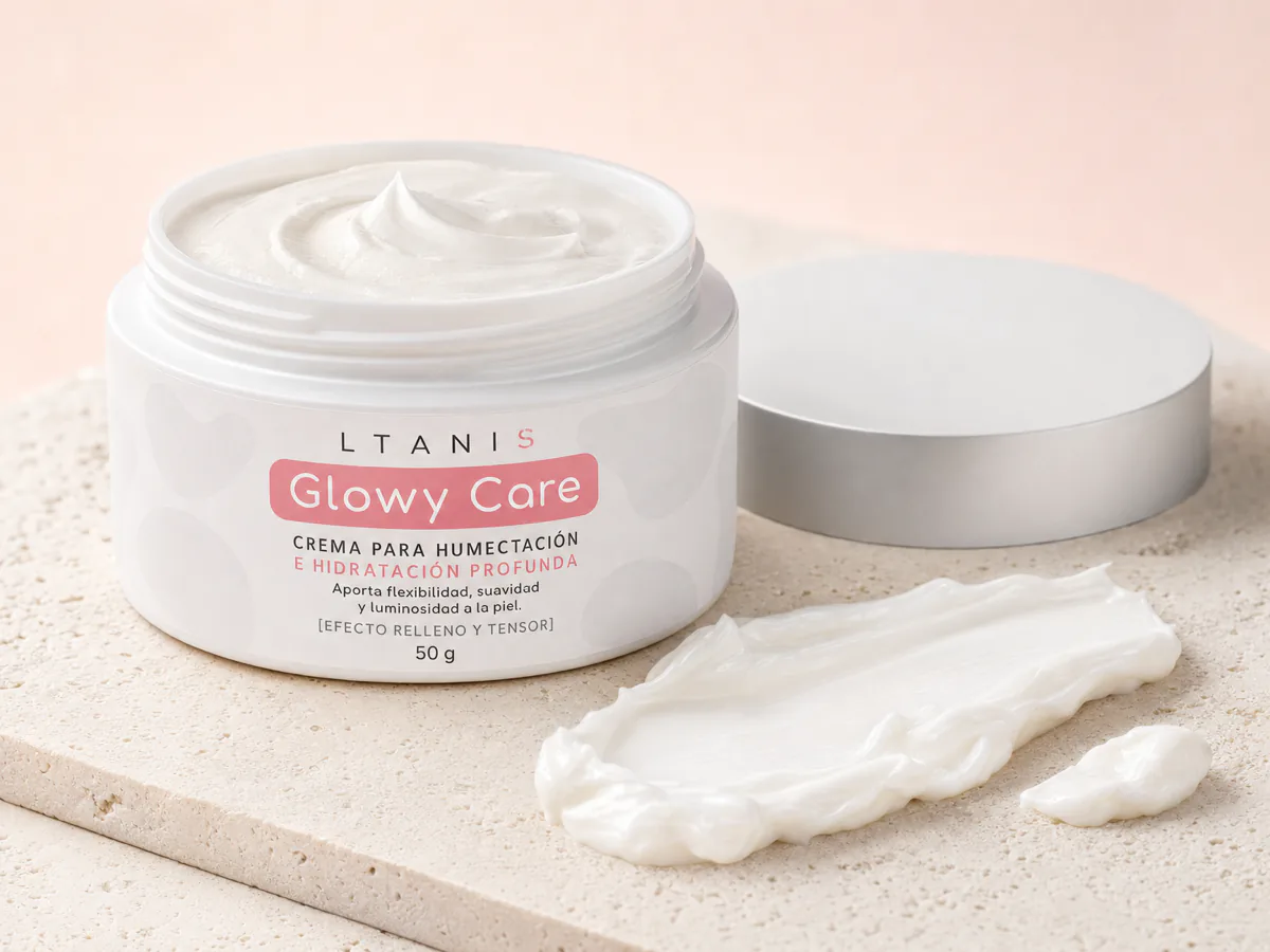 Textura de la crema Glowy Care: consistencia densa color blanco dentro del envase abierto de 50 g