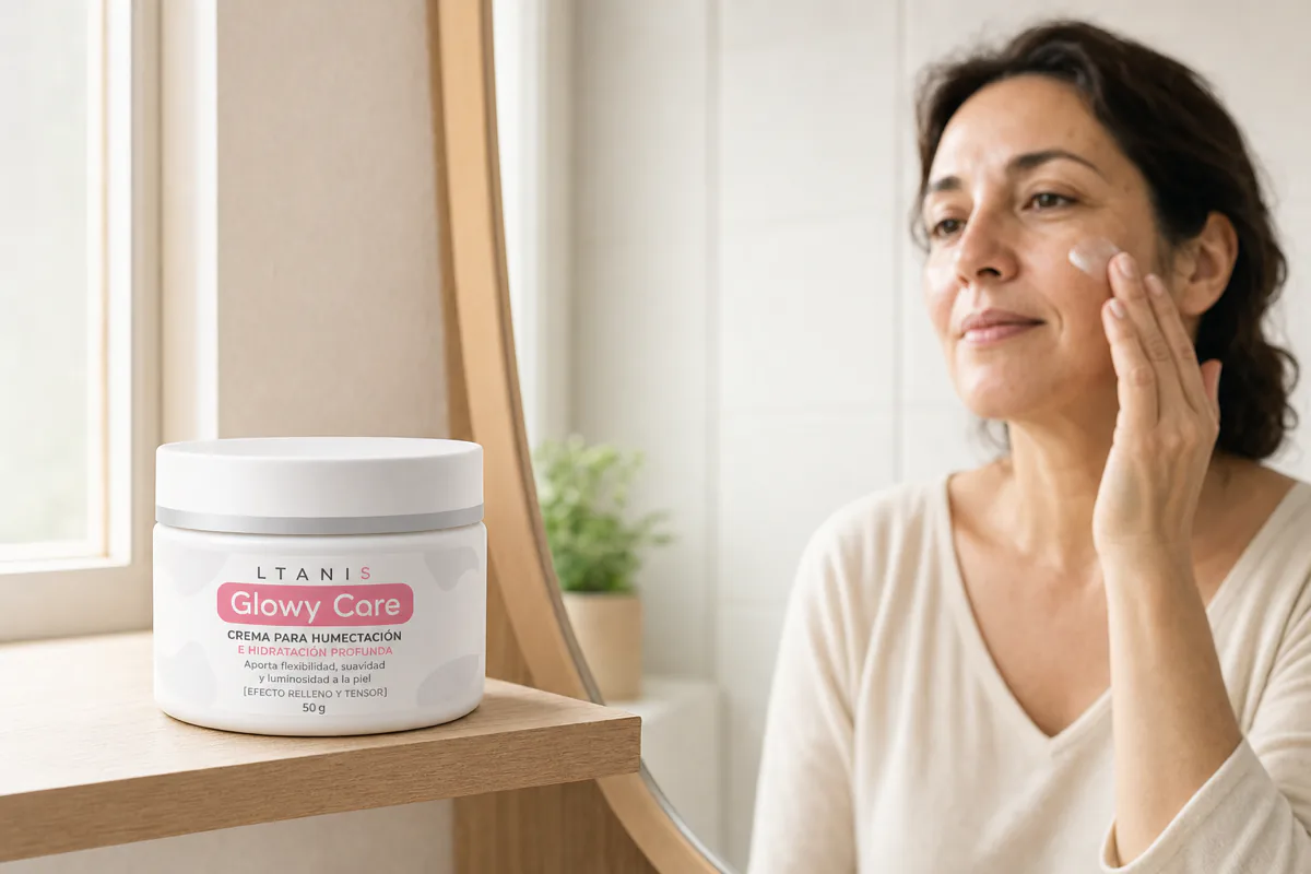 Mujer aplicando la crema Glowy Care en el pómulo frente al espejo durante su rutina facial de la mañana